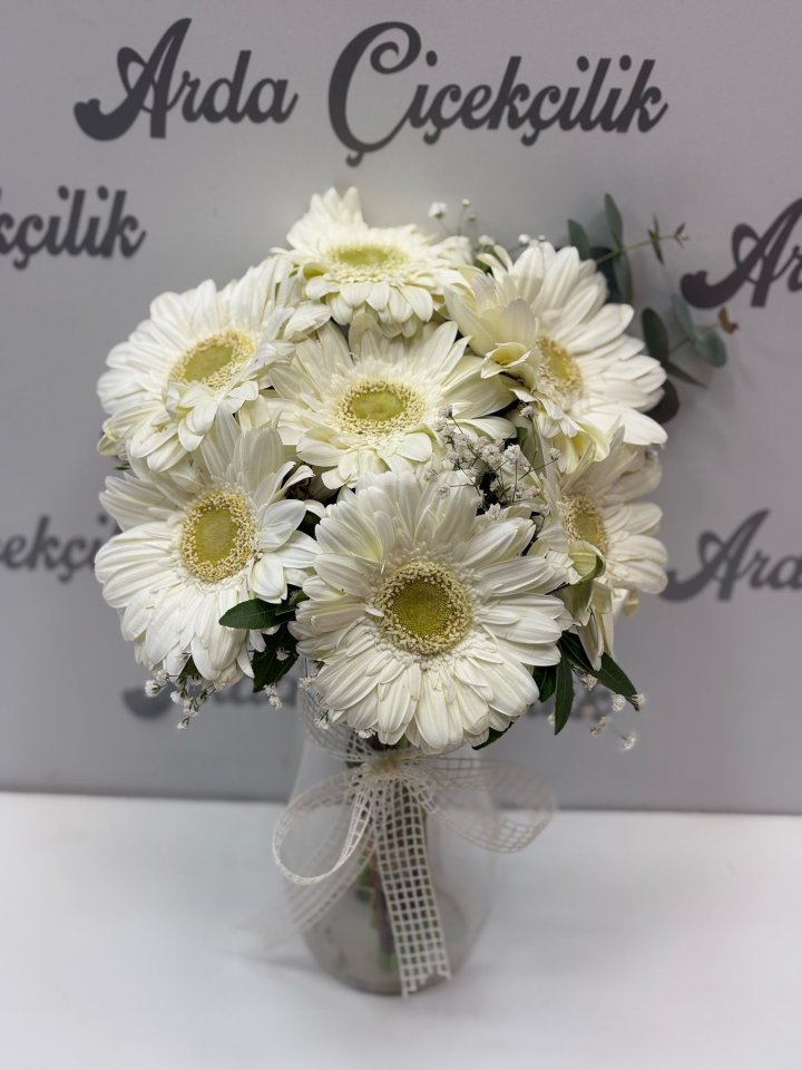 cam vazoda beyaz gerbera arajmanı